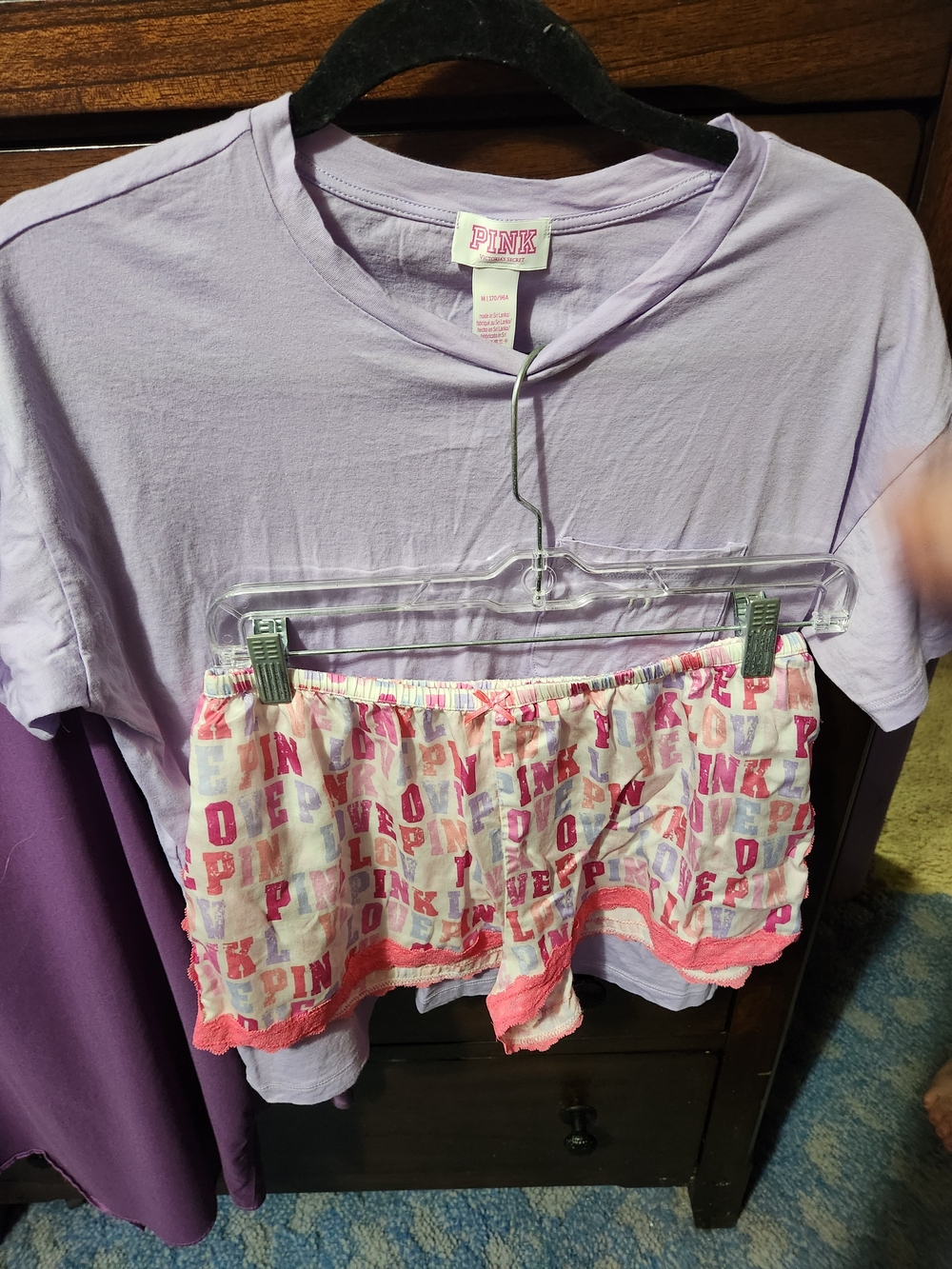 PINK Victoria's Secret Lavender Short Sleeve Top with Pink Logo Print Shorts